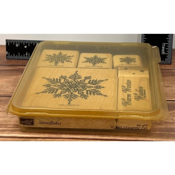 2001 STAMPIN' UP! SNOWFLAKES WOOD MOUNTED RUBBER STAMP SET OF 6 WINTER WISHES - Picture 5 of 5